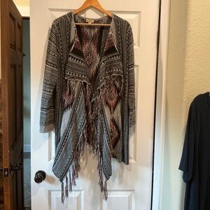 One World Long Cardigan Sweater Open Front Fringe Boho Southwestern Black 1X